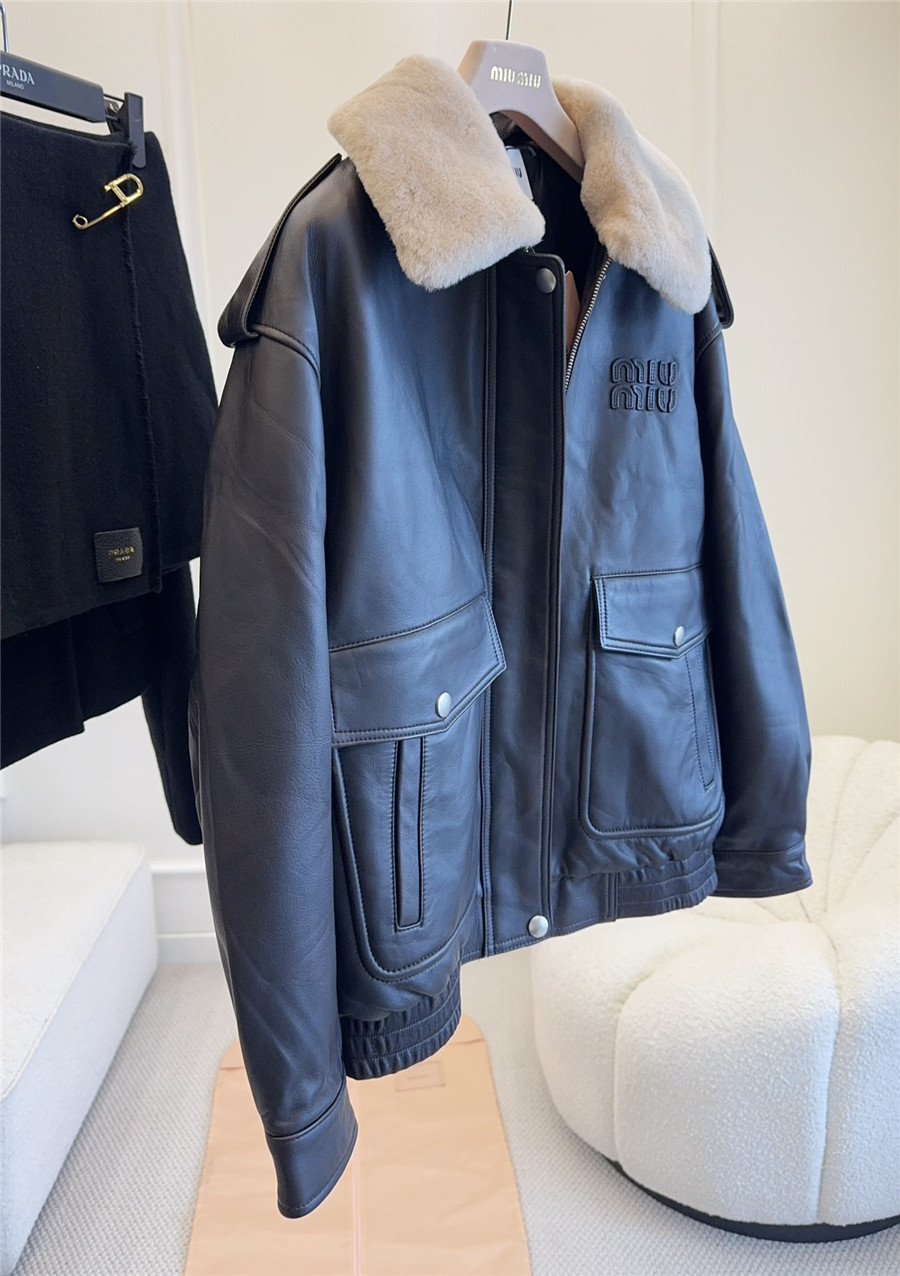 Miu Miu fur collar leather jacket