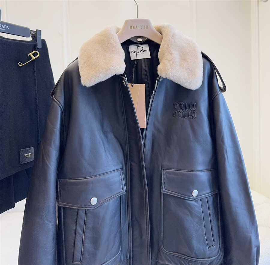 Miu Miu fur collar leather jacket
