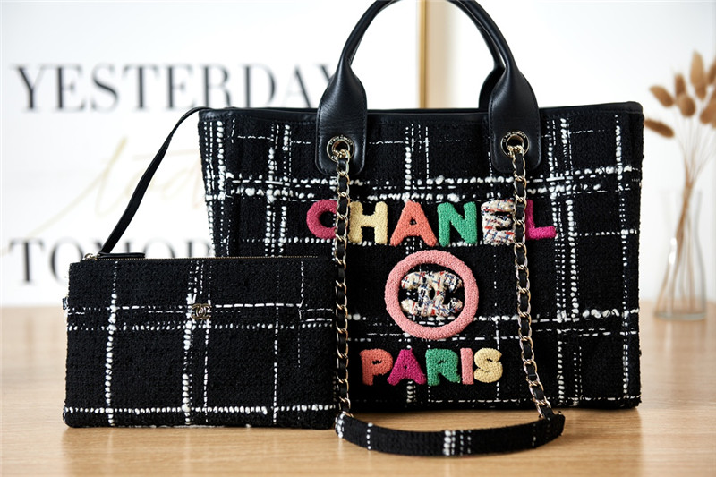 Ch**el colorful letters woolen plaid beach bag