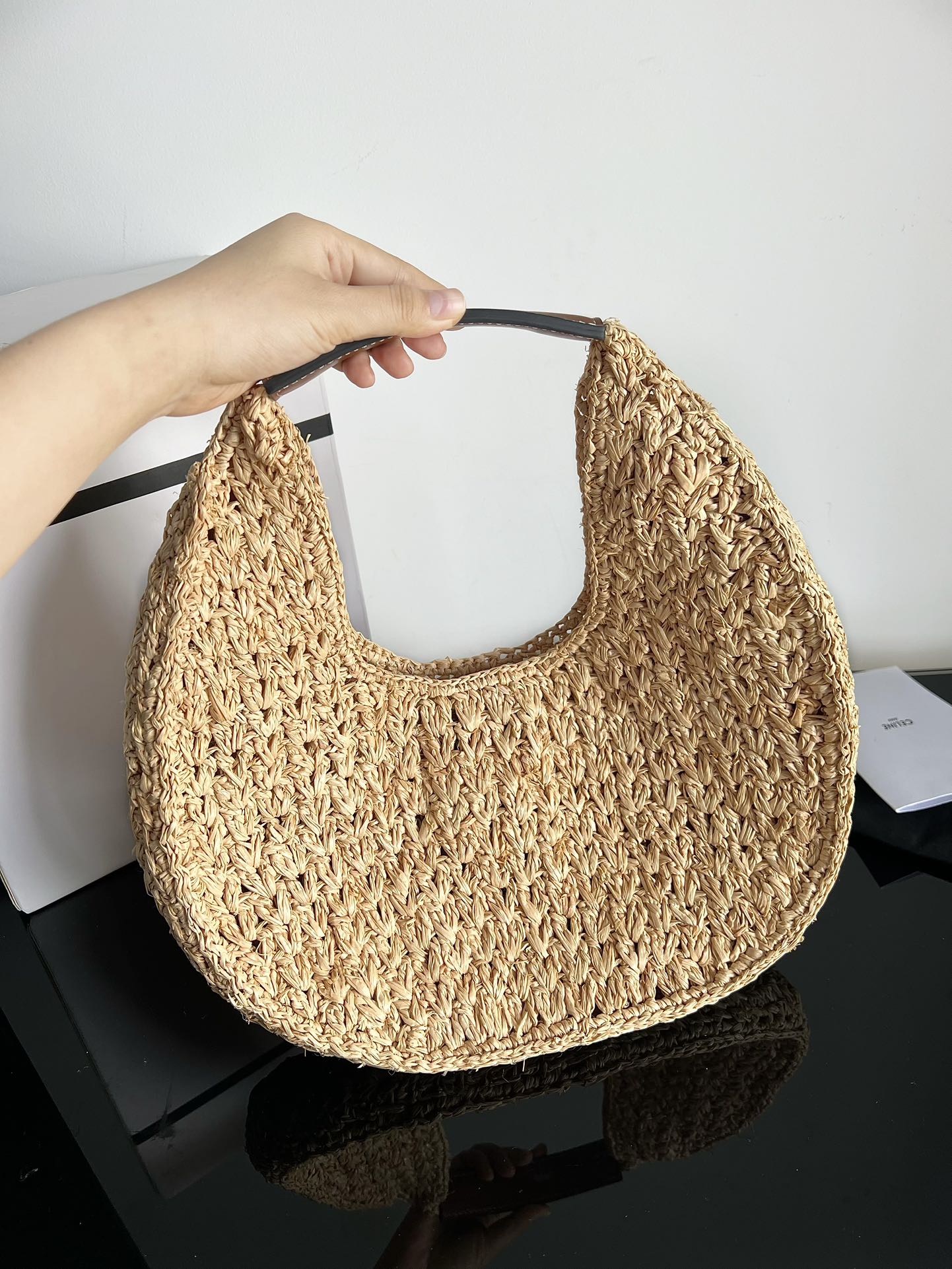 Ce1i*e raffia calfskin triomphe panier hobo bag