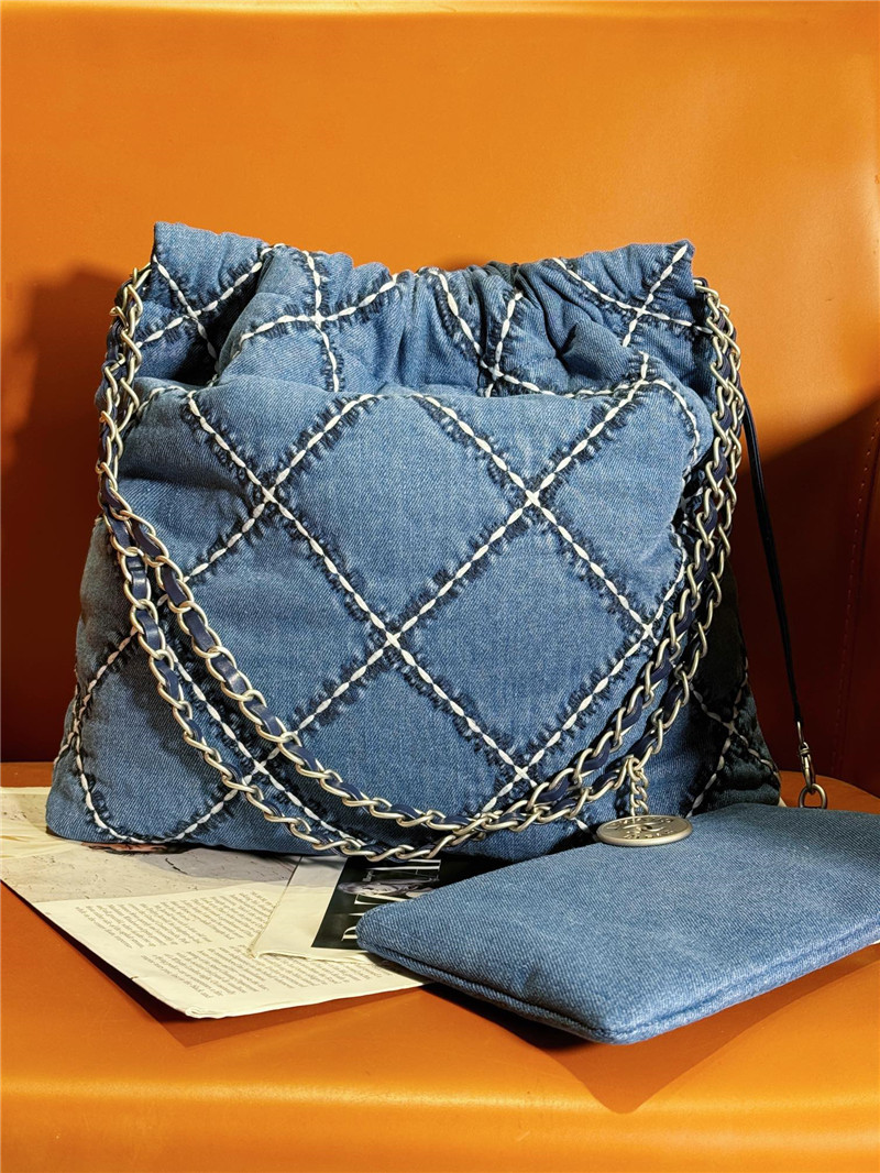 Ch**el blue stitched denim 22 bag