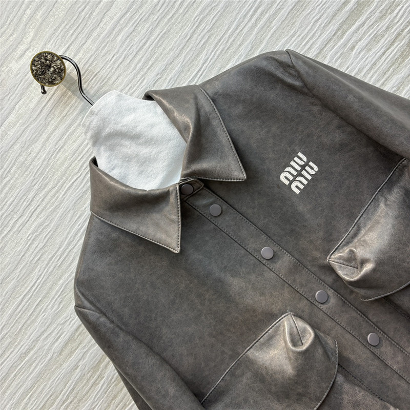 M1um1u flap lapel double pocket short leather jacket