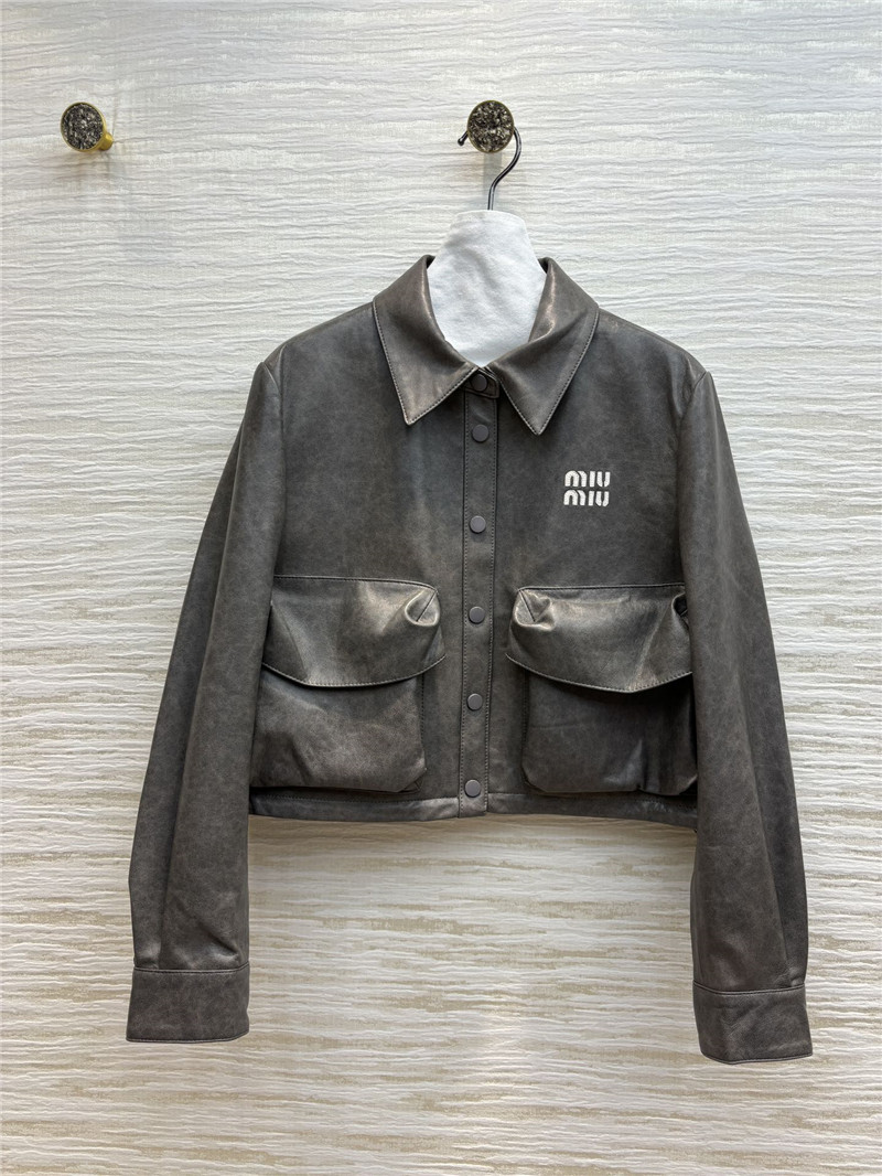 M1um1u flap lapel double pocket short leather jacket