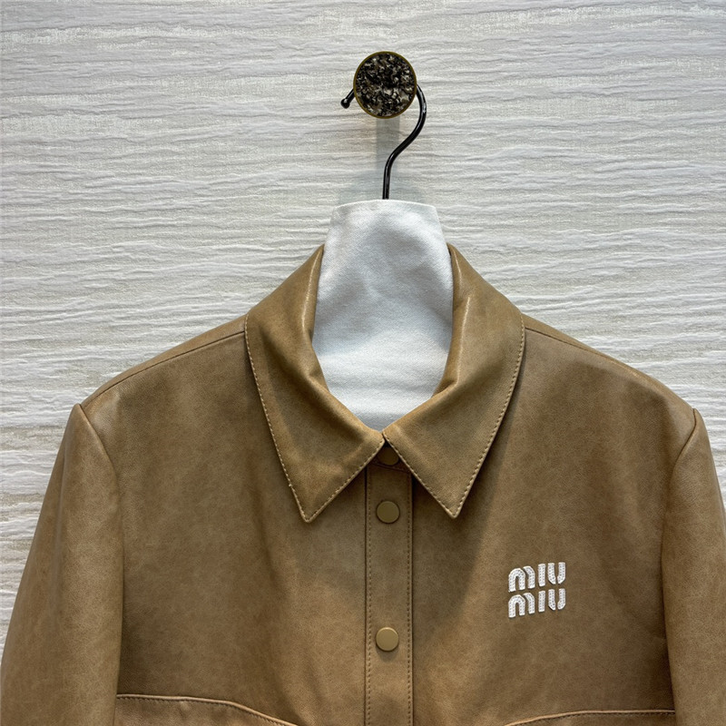 M1um1u flap lapel double pocket short leather jacket