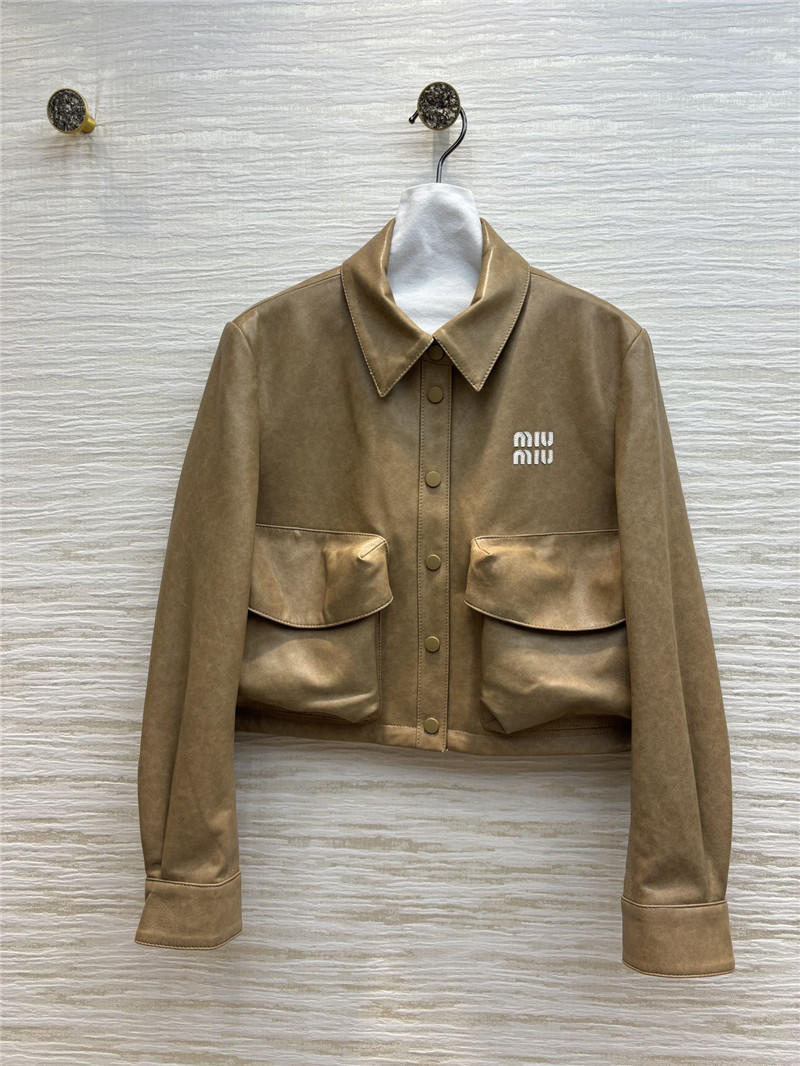 M1um1u flap lapel double pocket short leather jacket