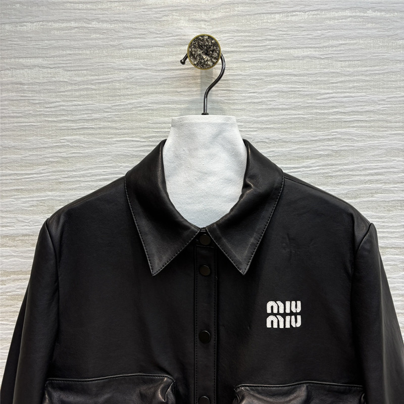 M1um1u flap lapel double pocket short leather jacket