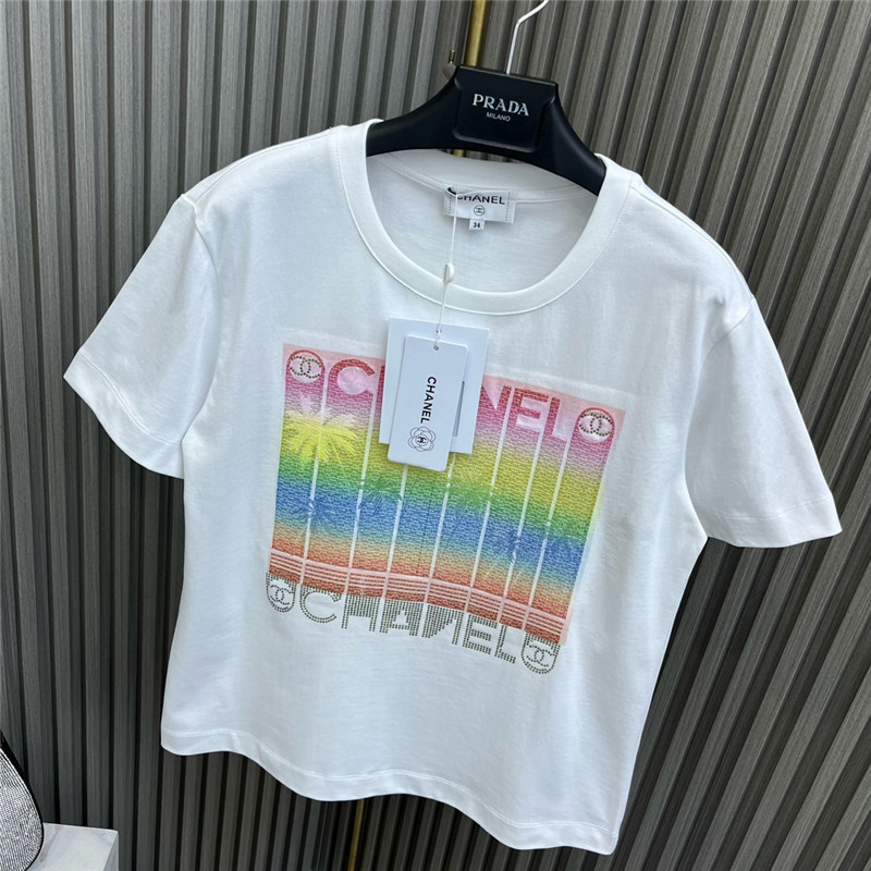 Ch**el round neck rhinestone embroidered t-shirt