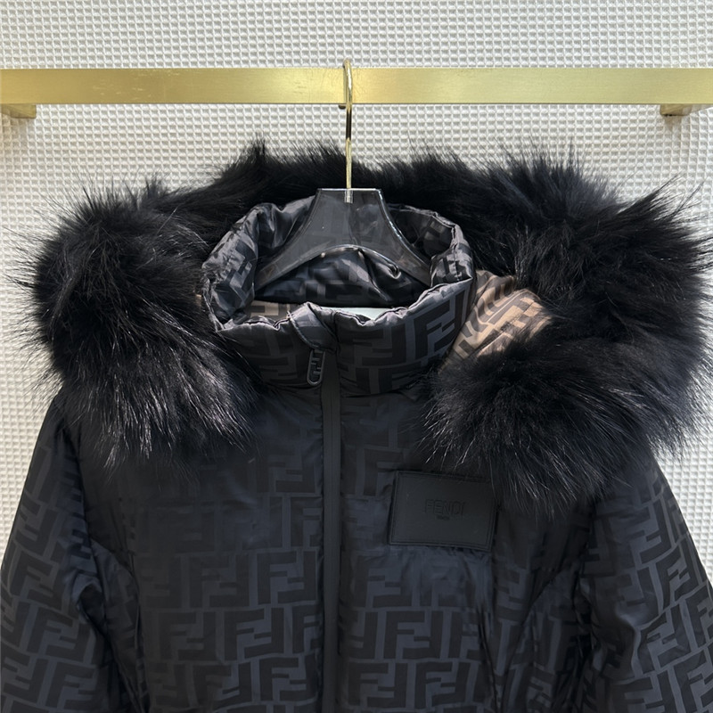 F**di ff jacquard fox fur collar hooded short down jacket