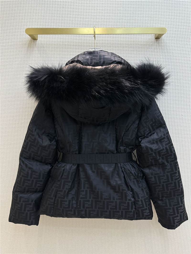 F**di ff jacquard fox fur collar hooded short down jacket