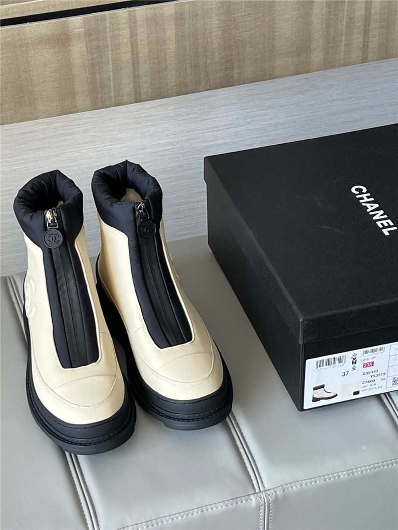 Ch**el beige calfskin nylon ankle snow boots