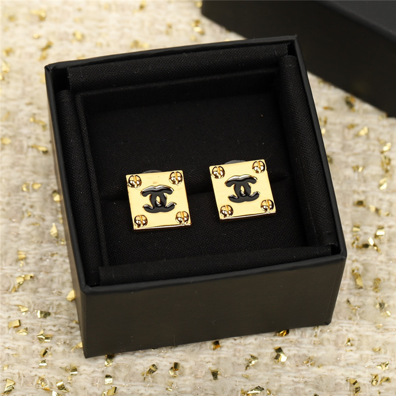 Ch**el square gold black double c stud earrings
