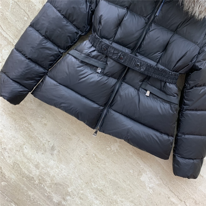 Moncler hooded belted fur collar waisted down jacket