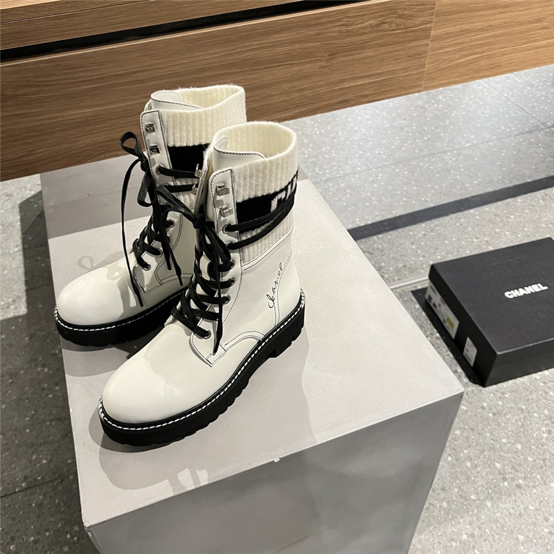 Ch**el white knit leather lace-up boots
