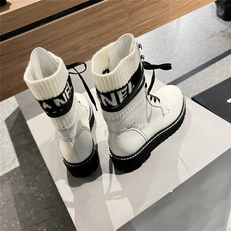 Ch**el white knit leather lace-up boots