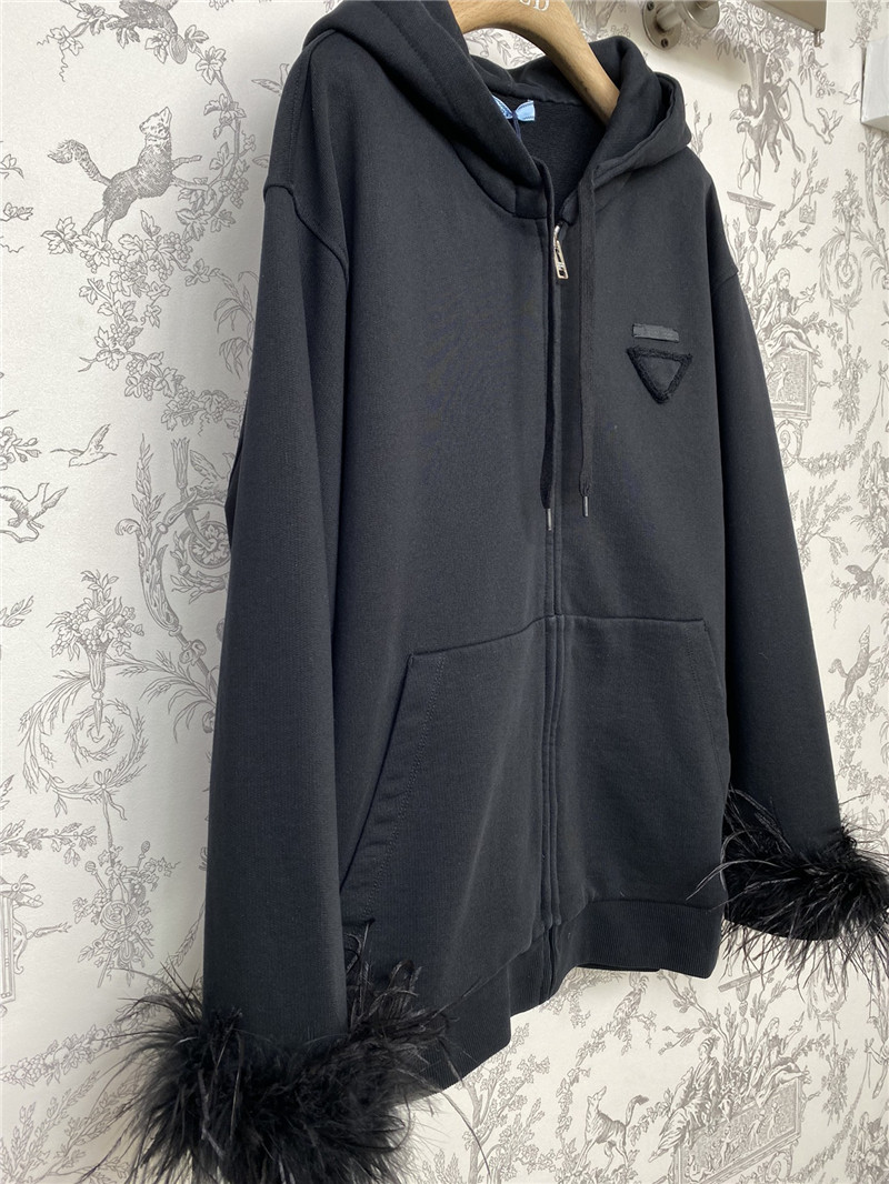 Pra*a feather cuffs zipper hooded sweatshirt navy