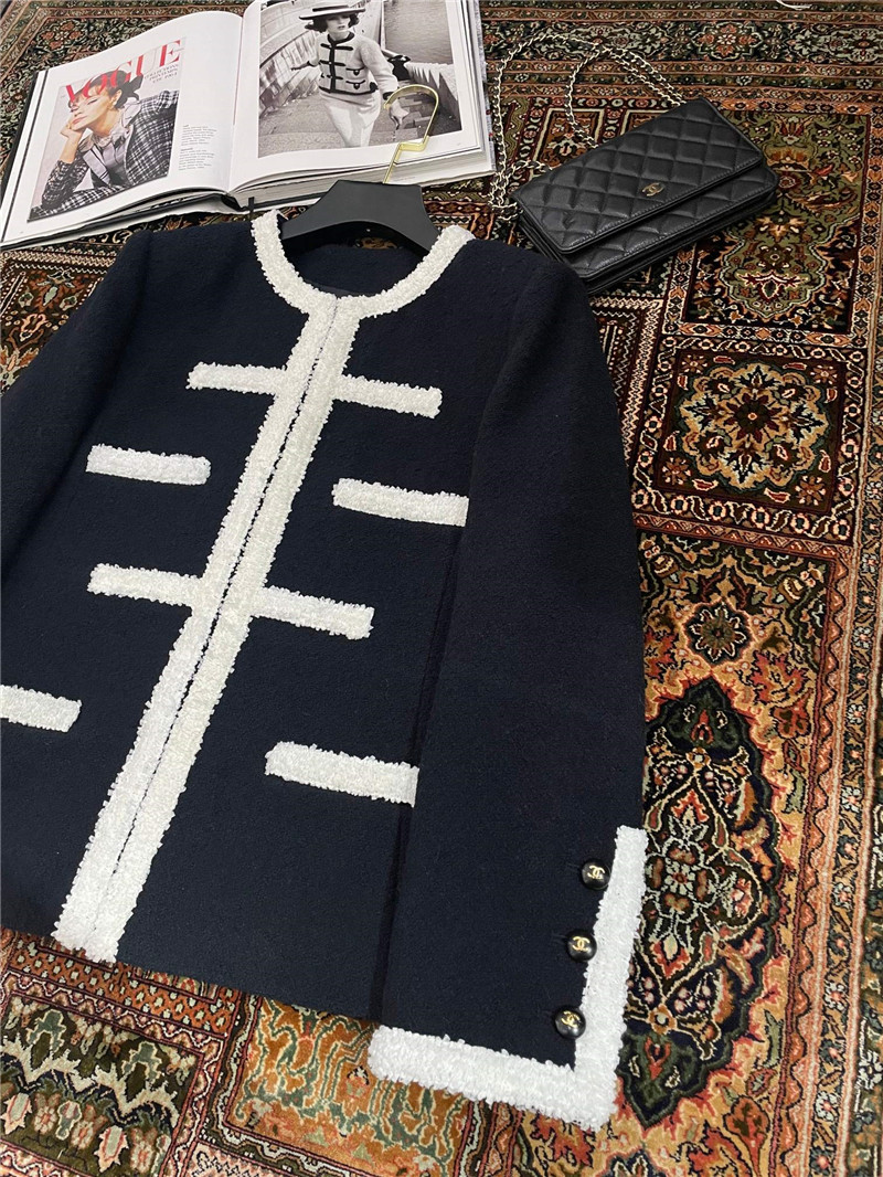 Ch**el navy blue tweed piping color block jacket