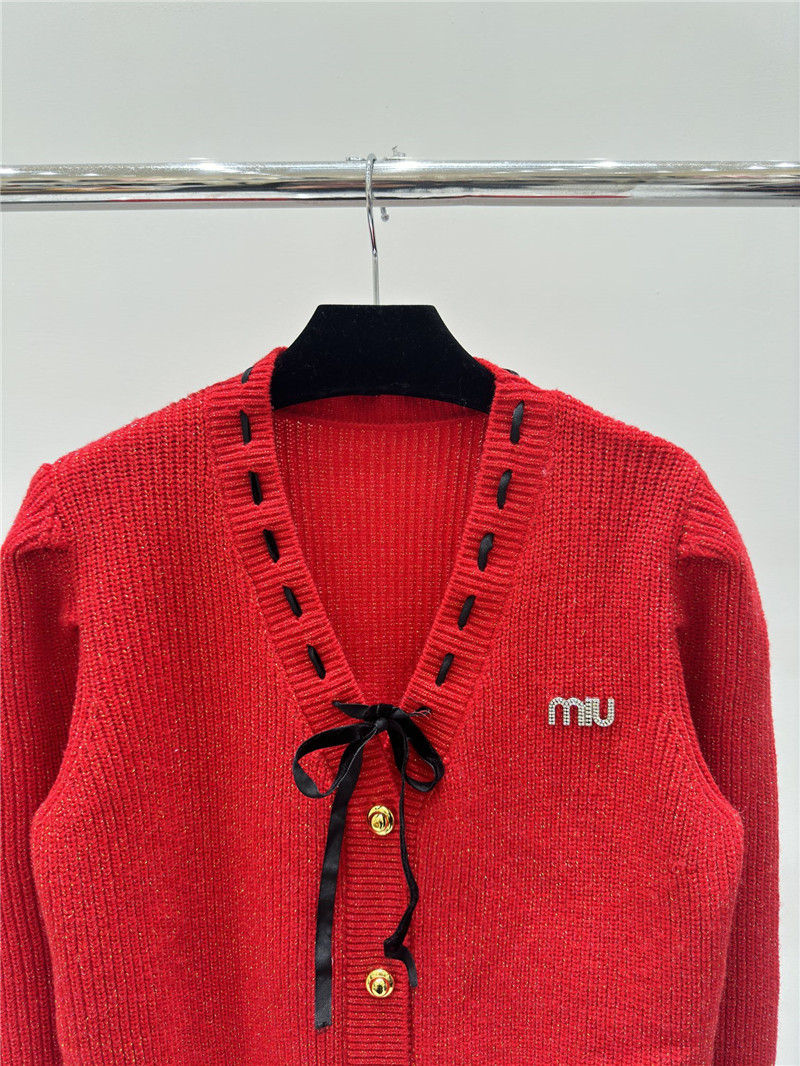 Miu Miu Logo Bow Knitted Cardigan Red