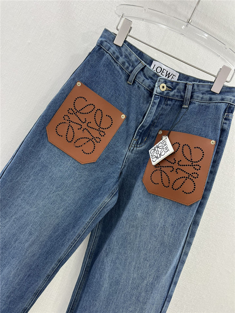 L0ew* new front pocket leather label hollow logo trousers