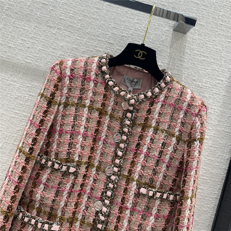 Ch**el pink and brown plaid tweed jacket
