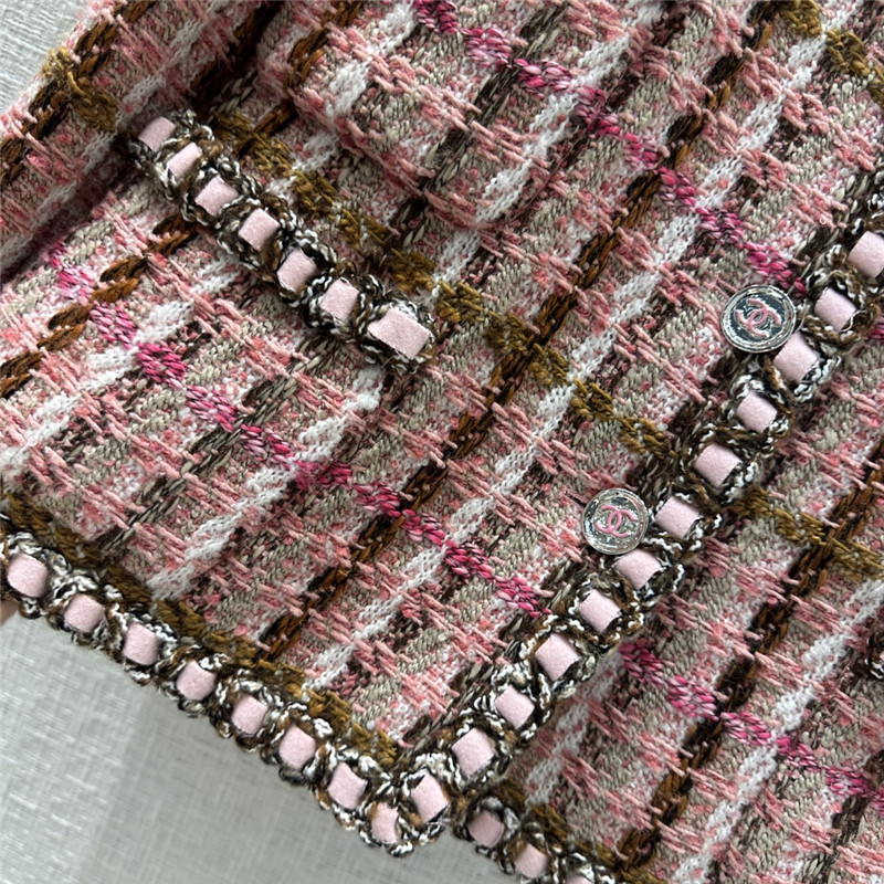 Ch**el pink and brown plaid tweed jacket