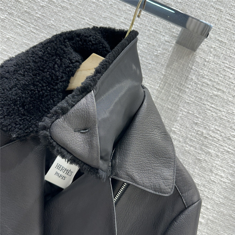 H**me5 pebbled lambskin lambswool collar biker jacket