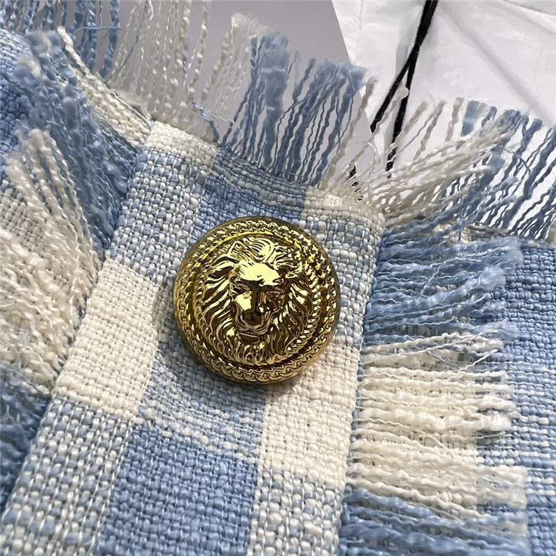 Balmain fringed blue and white plaid dress