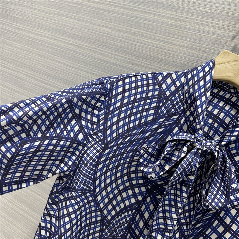 tory burch 3D geometric premium blue plaid printed silk shirt