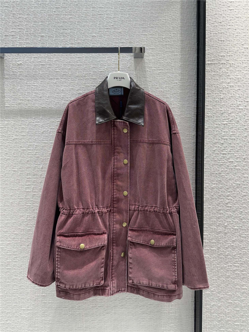 Pra*a unisex distressed leather collar denim jacket