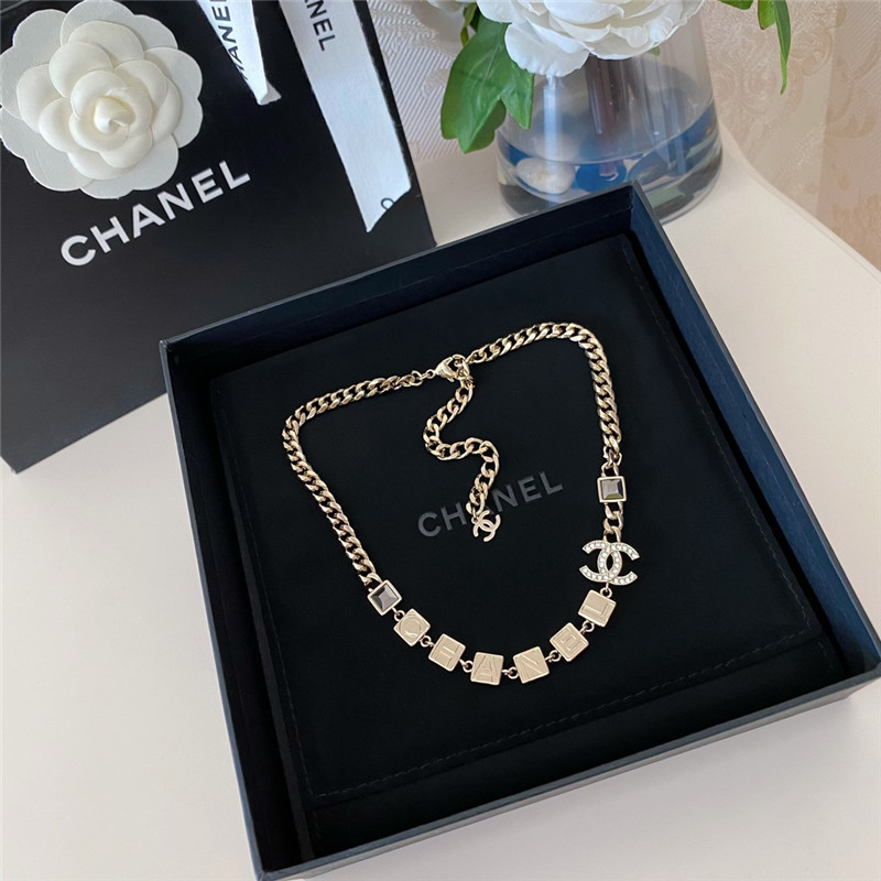 Ch**el monogram square stone rhinestone double c necklace