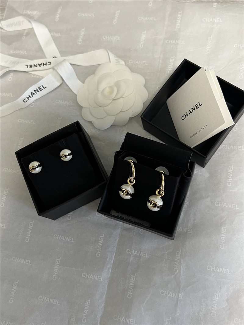 Ch**el pearl bean black enamel double c earrings