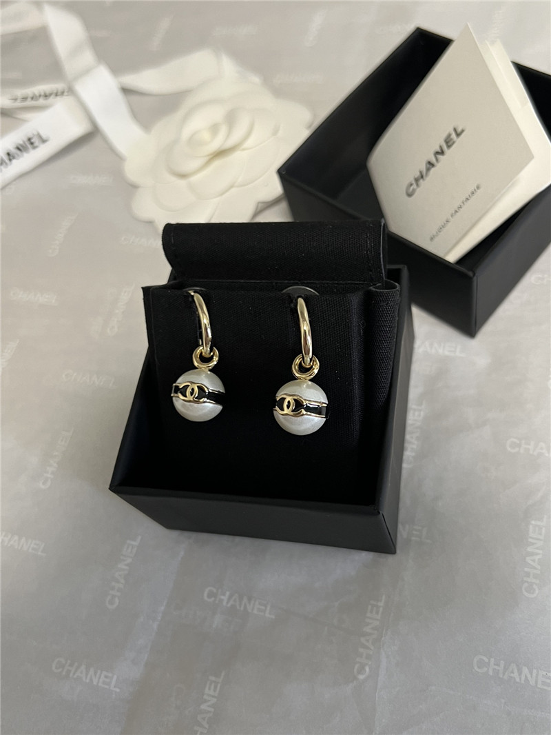 Ch**el pearl bean black enamel double c earrings