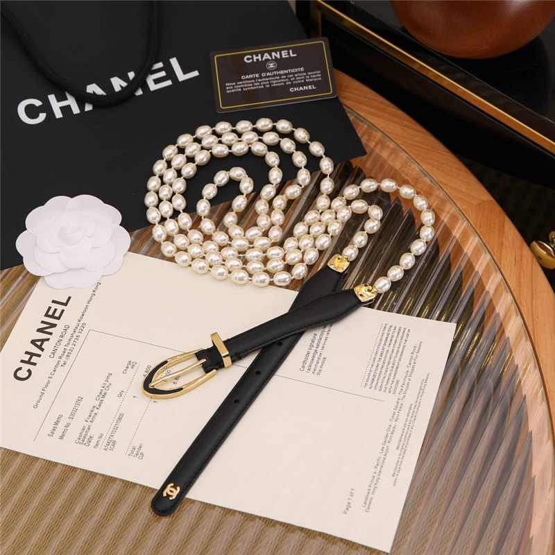Ch**el classic leather pin buckle with pearl belt