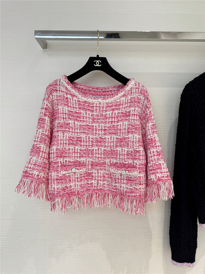 Ch**el fringed check knit sweater pink
