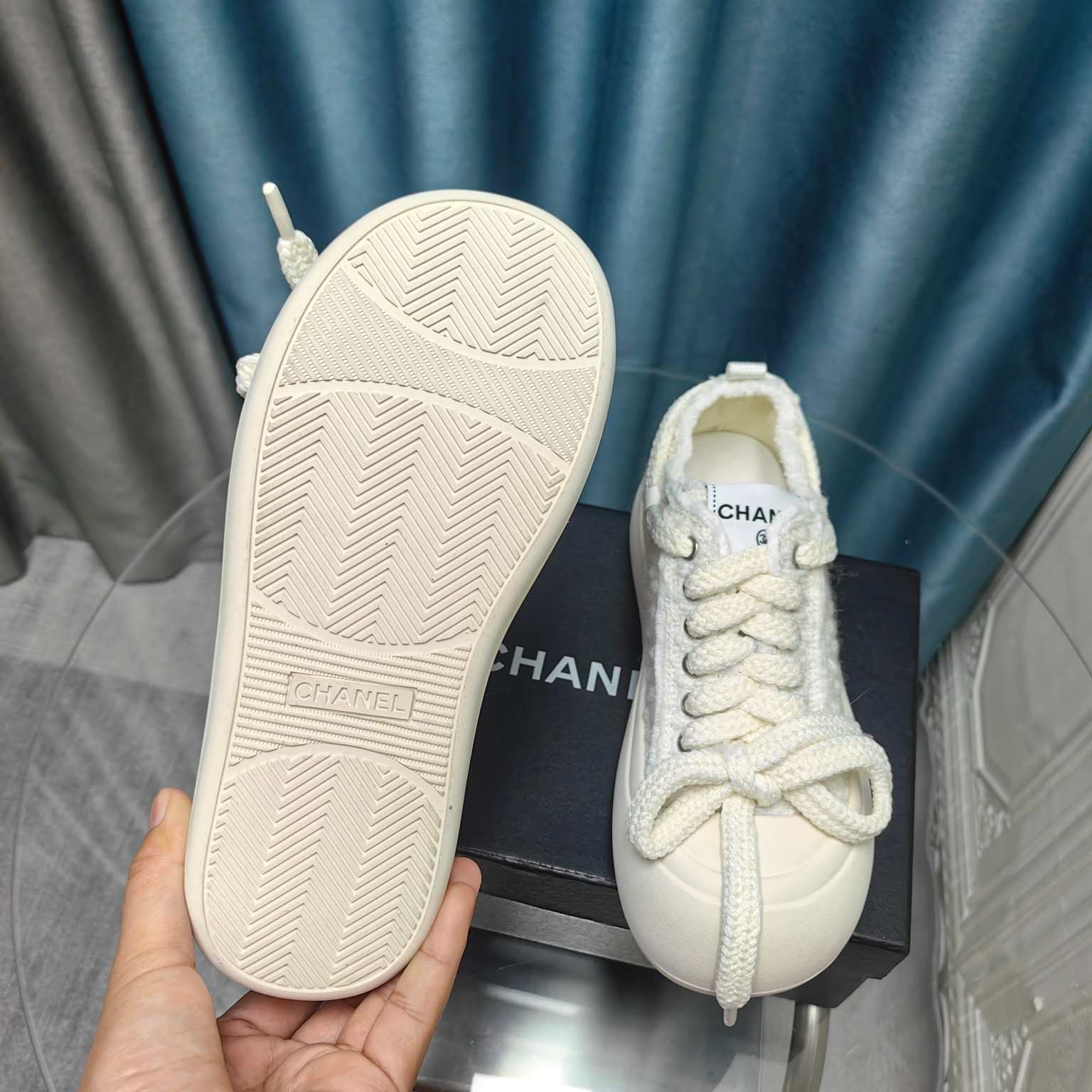 Ch**el white platform canvas sneakers
