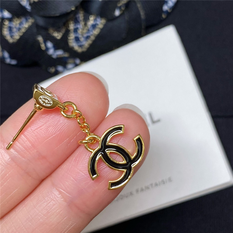 Ch**el white square chain black gold double c earrings