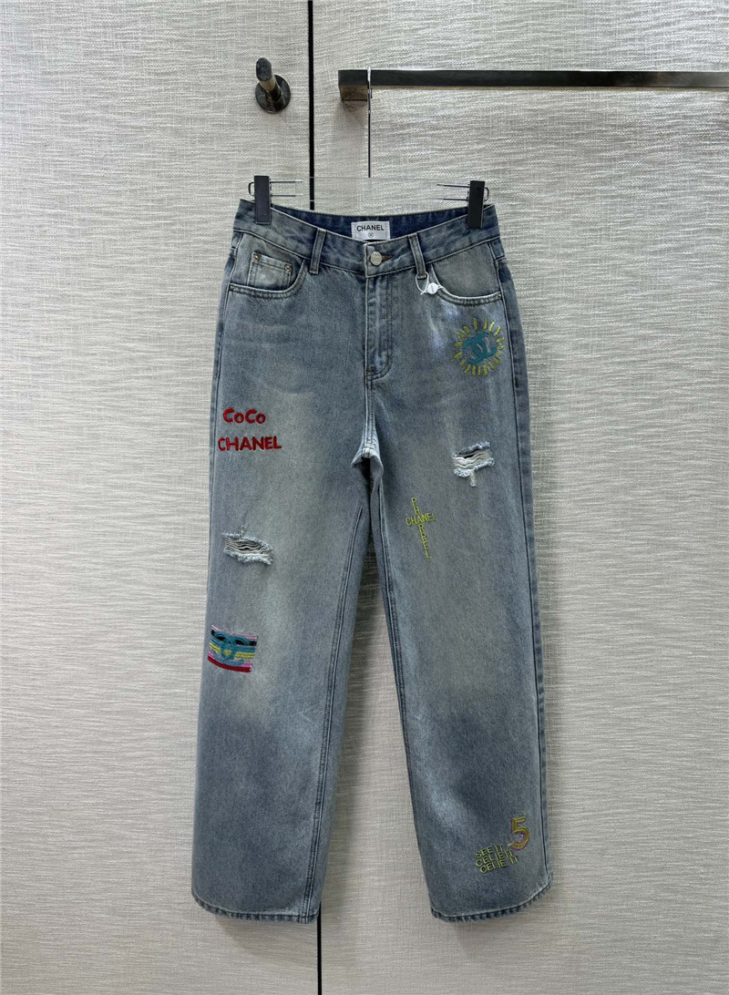 Ch**el ripped denim straight pants replica designer clothes