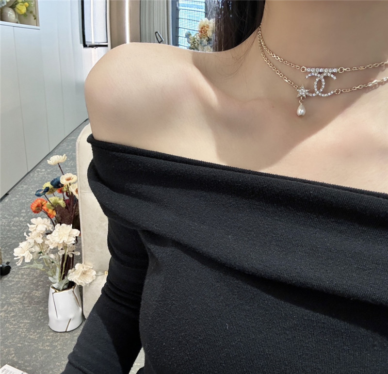 Ch**el rhinestone drop pearl necklace