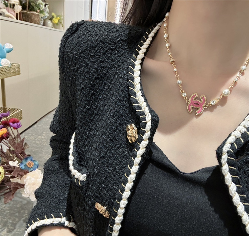 Ch**el pink glass pearl and rhinestone necklace