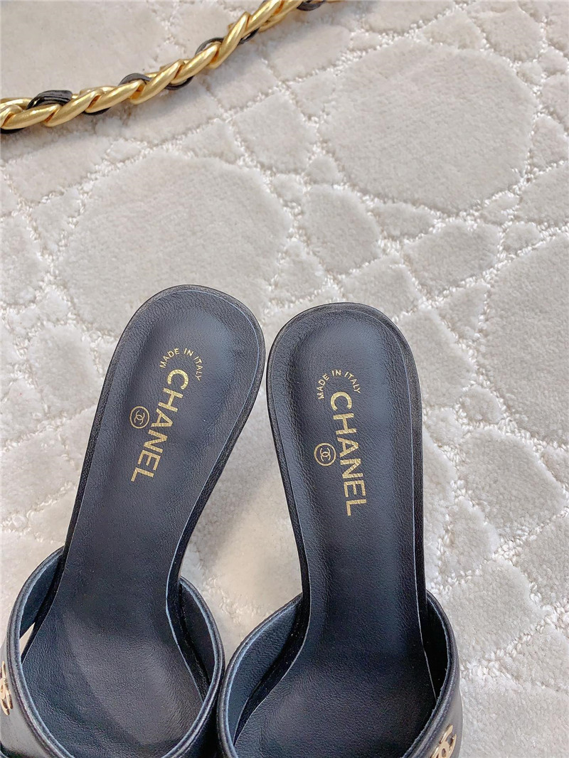 Ch**el black lambskin pearl heel mule
