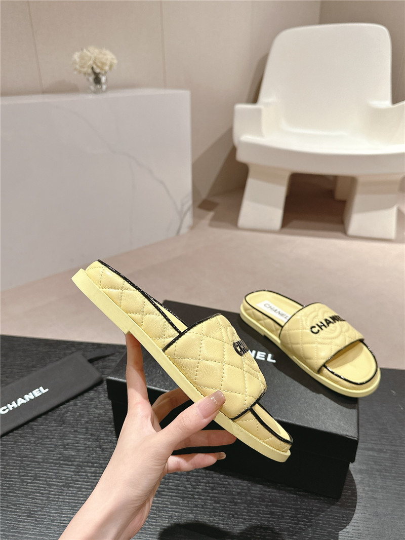 Ch**el lambskin quilted mules sandals yellow