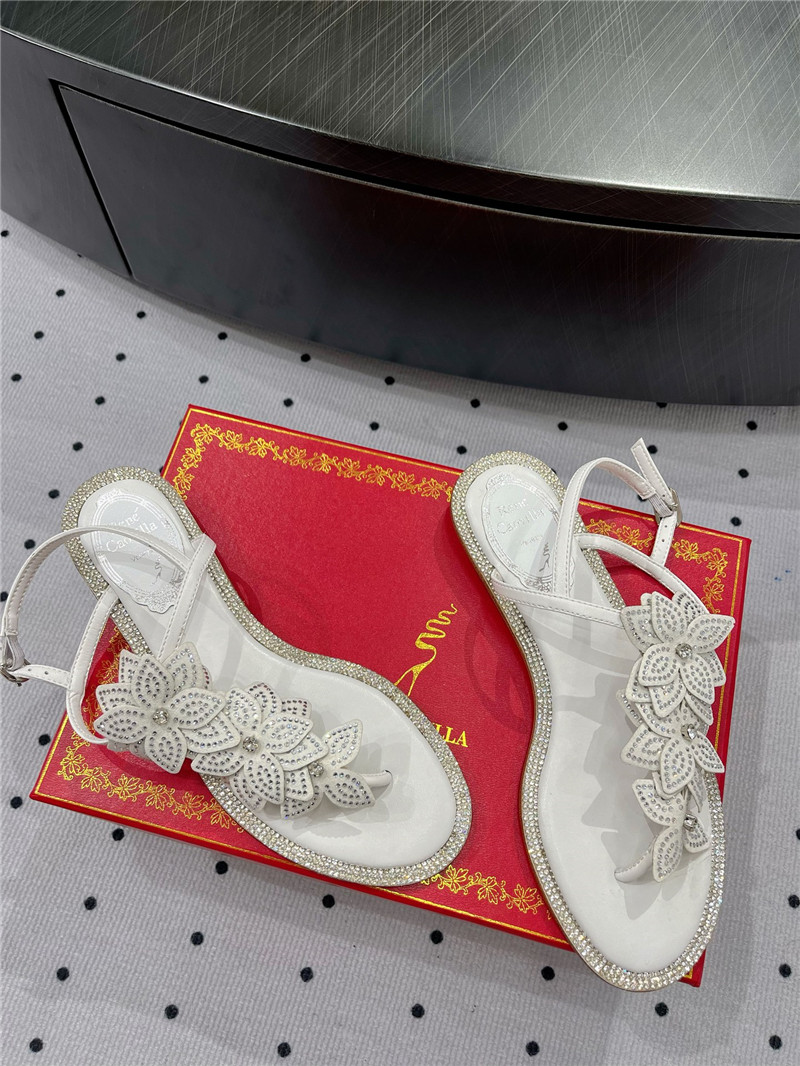 Rene Caovilla White Flat Flowers Sandals