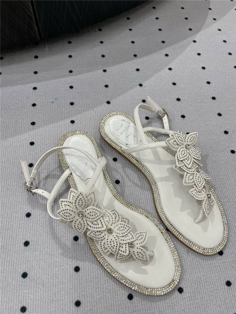 Rene Caovilla White Flat Flowers Sandals