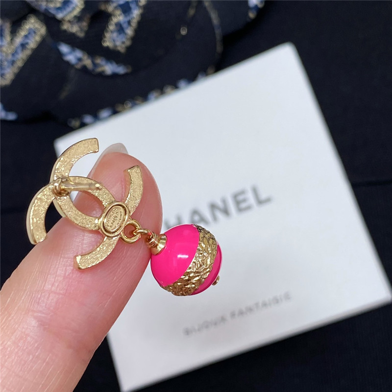 Ch**el gold double c hanging pink bead earrings
