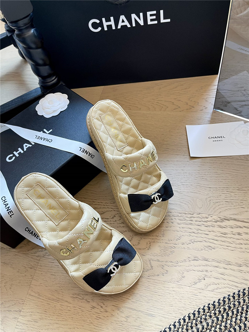 Ch**el beige bow double c platform slippers