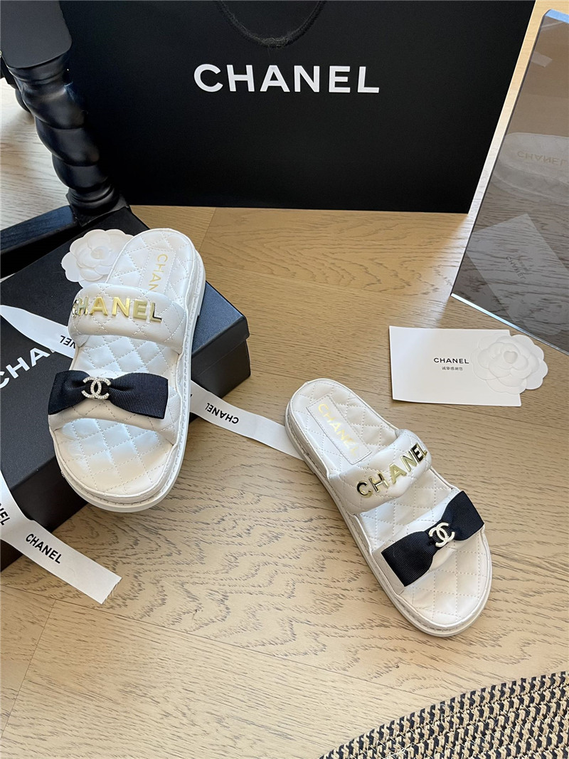 Ch**el white bow double c platform slippers
