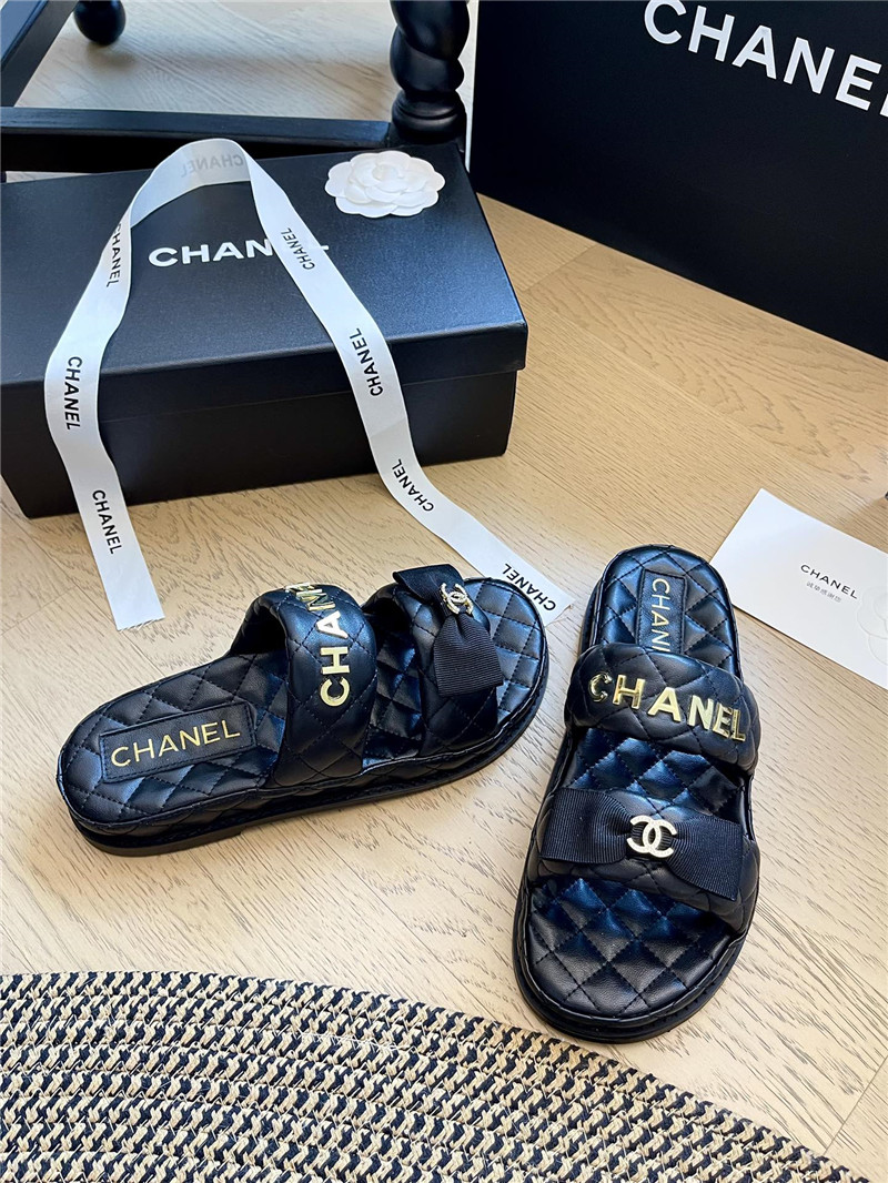Ch**el black bow double c platform slippers
