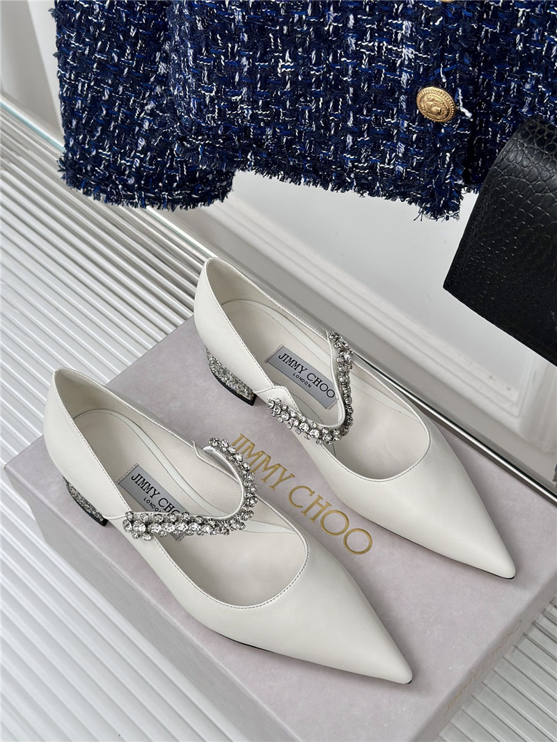 J1m*y Ch00 bing 25 white crystal strap patent leather flats