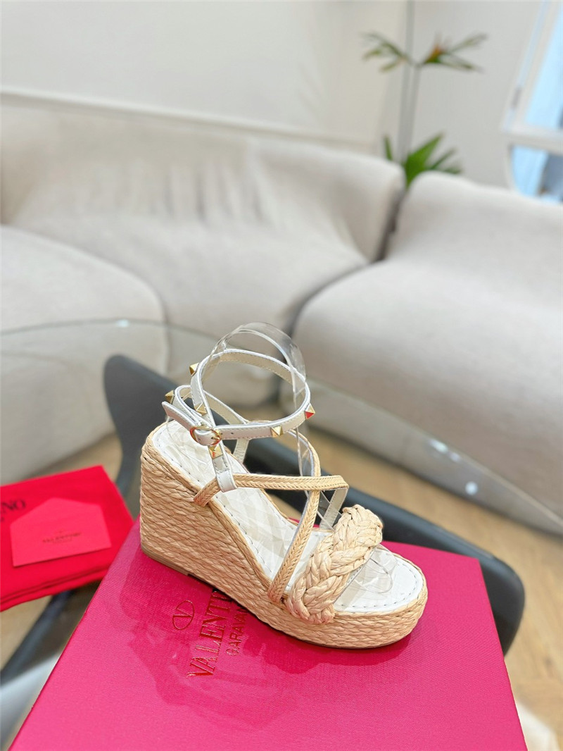 Va1e*ntin0 garavani rockstud white raffia leather espadrille wedges