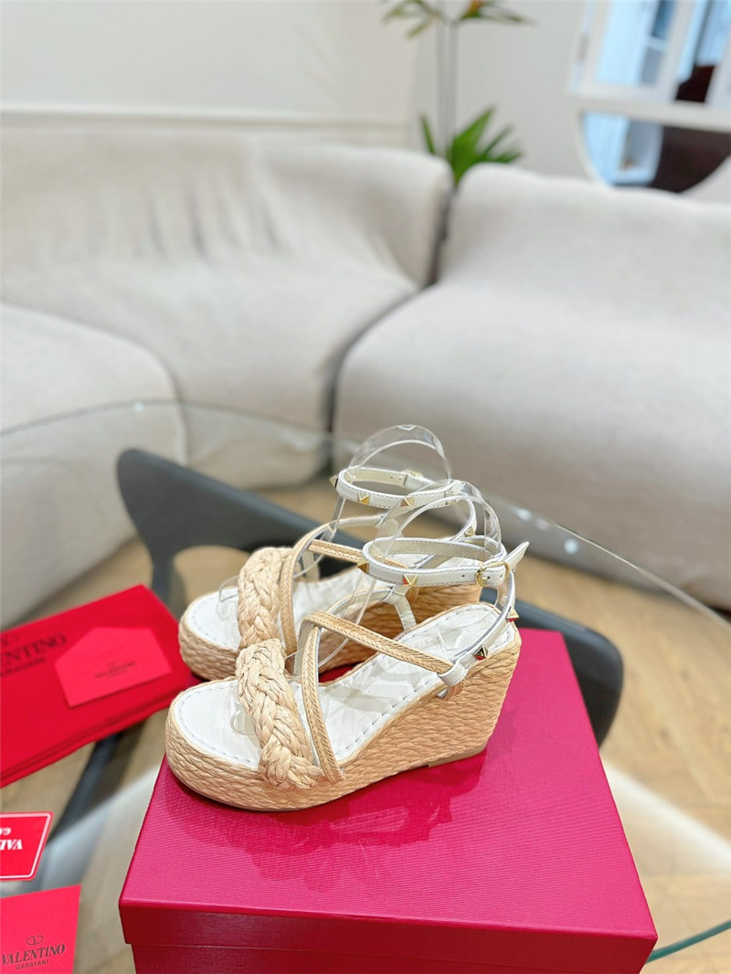 Va1e*ntin0 garavani rockstud white raffia leather espadrille wedges