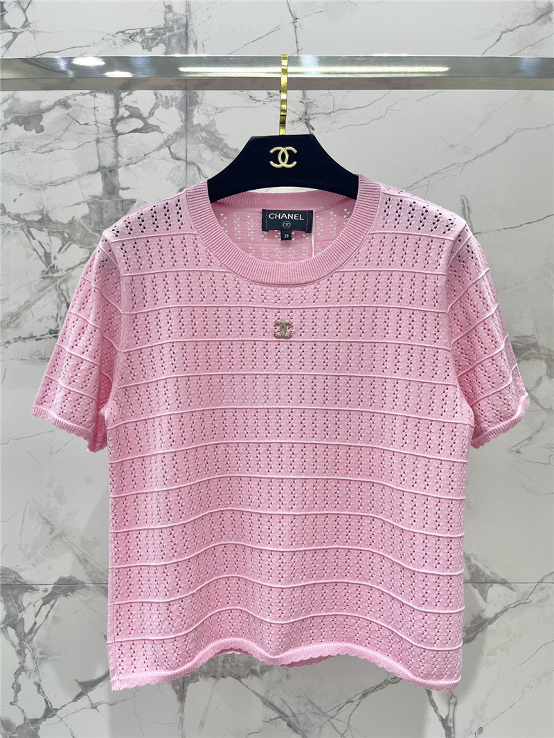Ch**el logo hollow knitted t-shirt in pink